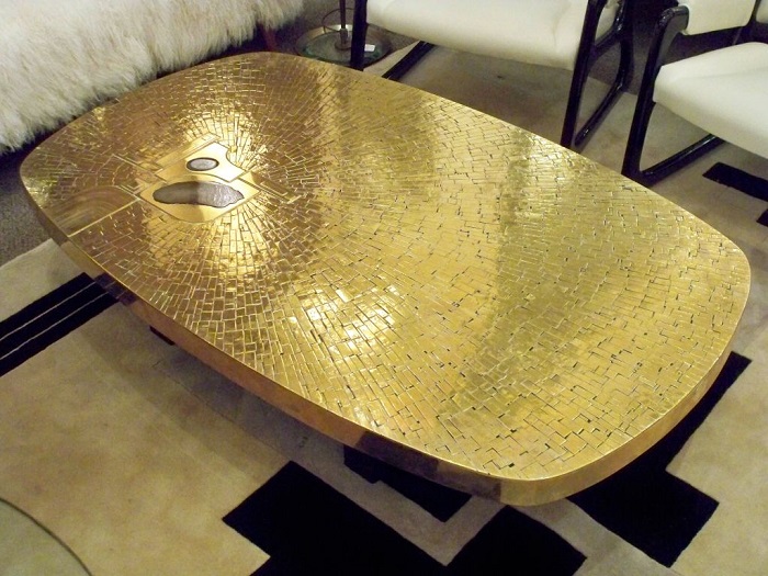 “Fernand Dresse designs brass etched cocktail tables features many times Agate stone.”