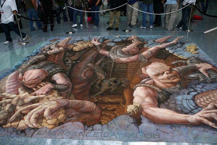 "Julian Beever is known all over the world for his pavement drawings, more especially his 3D illusions that are certainly making people walking on the streets happier."