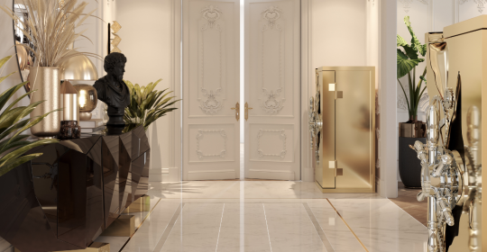 luxury safes- luxurious golden safes, plants, sideboard, mirror with golden details