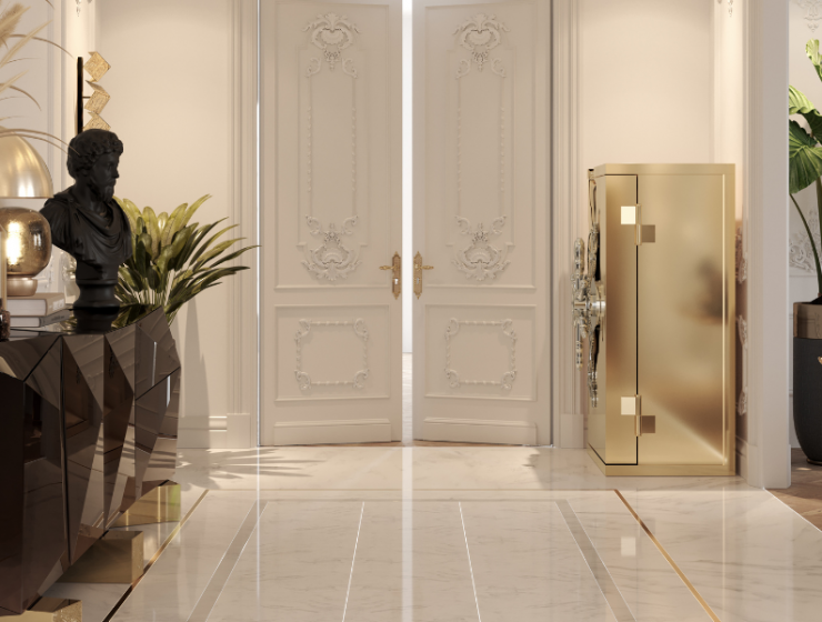 luxury safes- luxurious golden safes, plants, sideboard, mirror with golden details