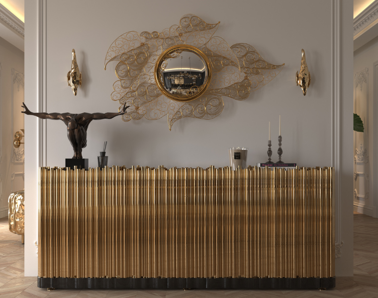 It's an entrance with a sideboard, a mirrored watermark, the walls are white, and there's a statue.