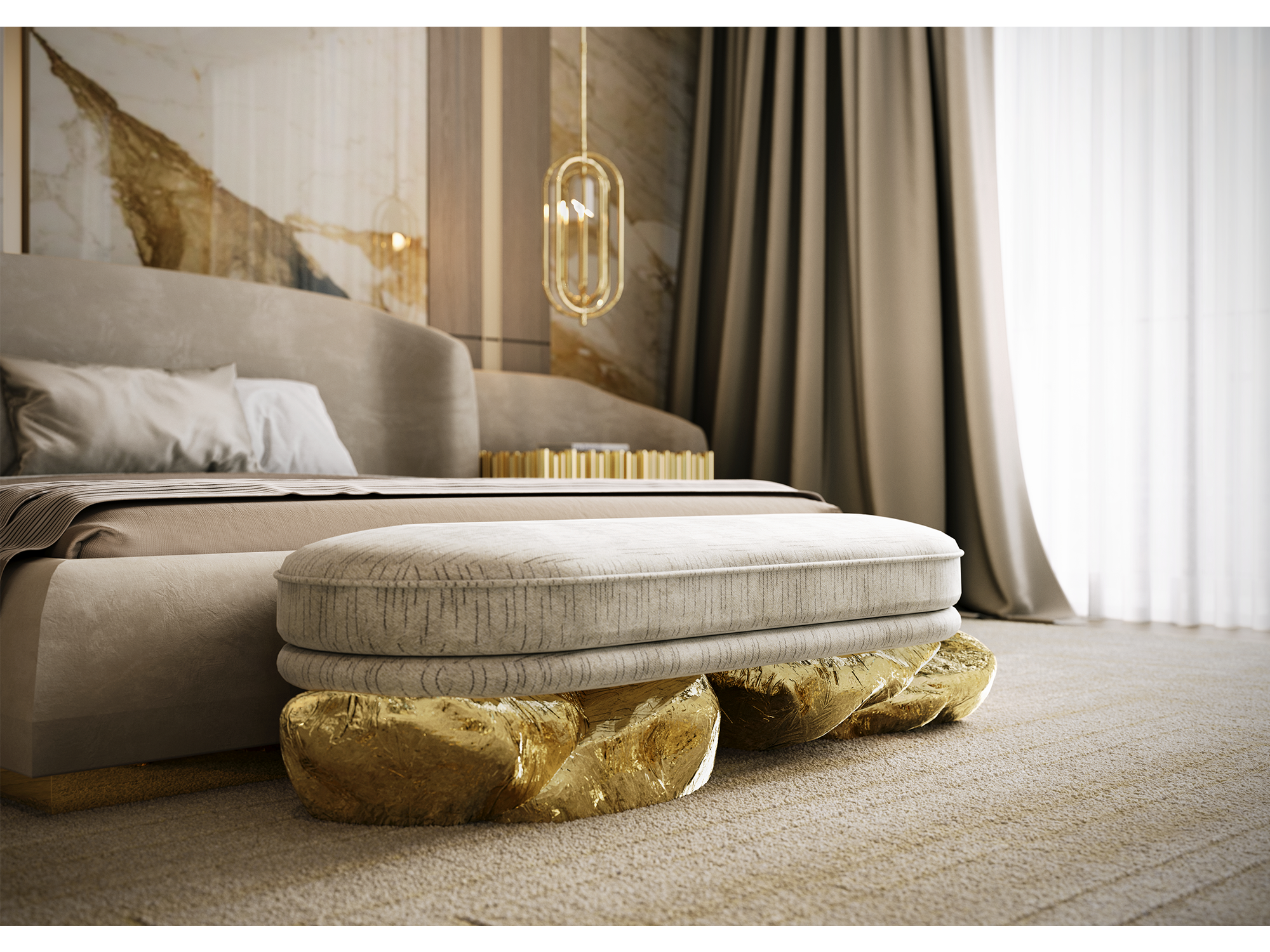 It is a bedroom with a bed and the Angra Bench by Boca Do Lobo