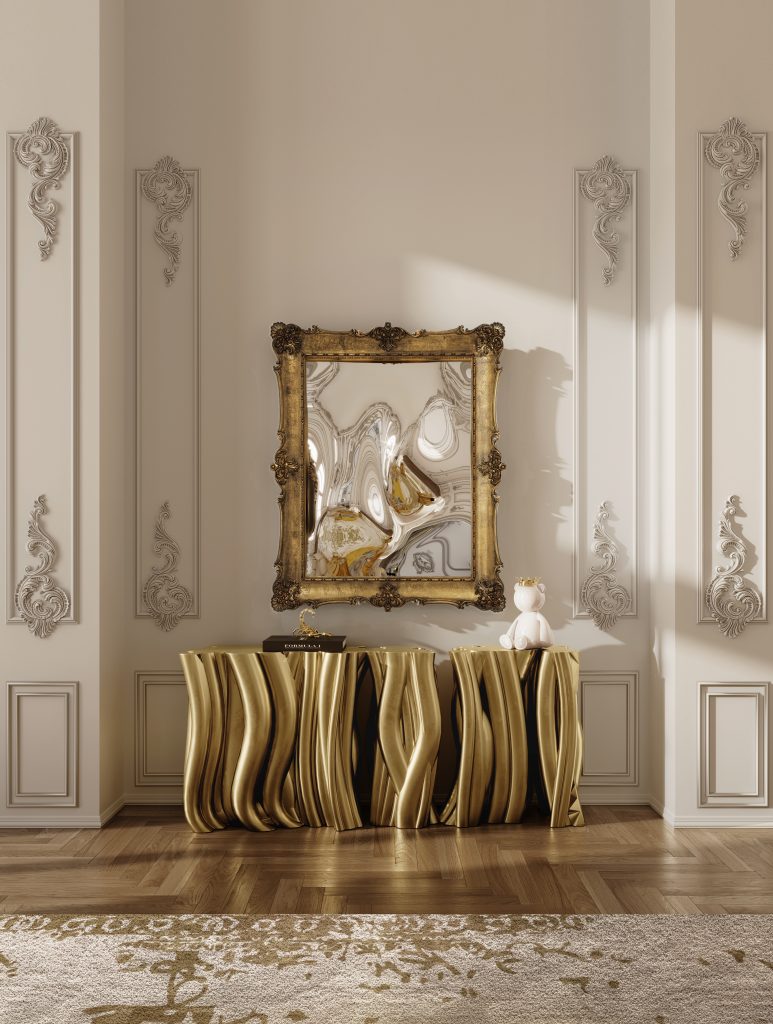 It’s a luxury entryways with a golden Monochrome Sideboard by Boca Do Lobo